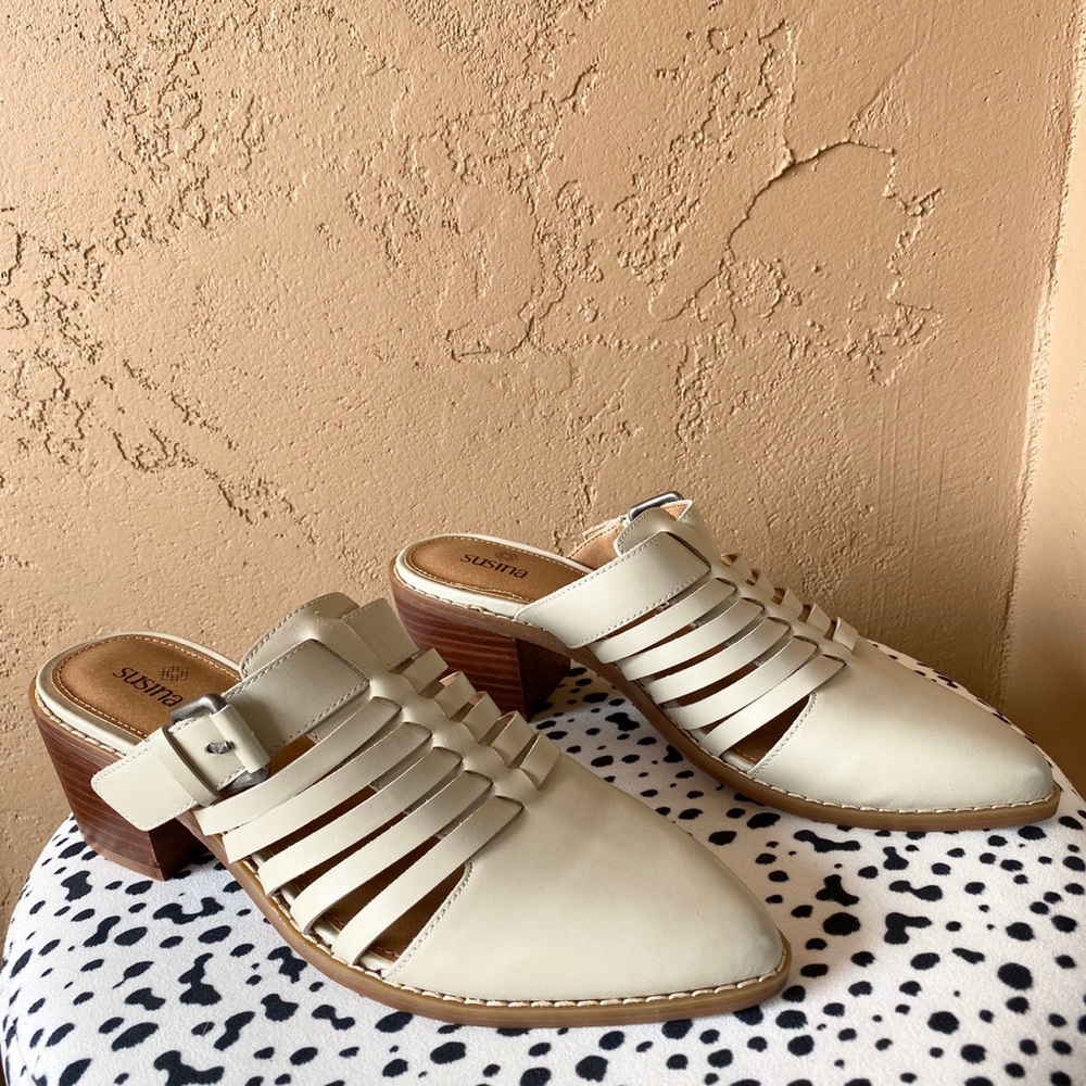 NWOT • SUSINA • pointed woven leather mules
